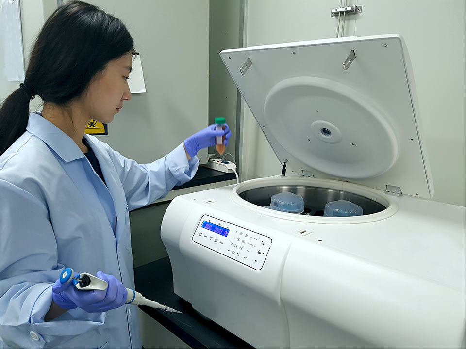 The scientist is putting the sample in the centrifuge.